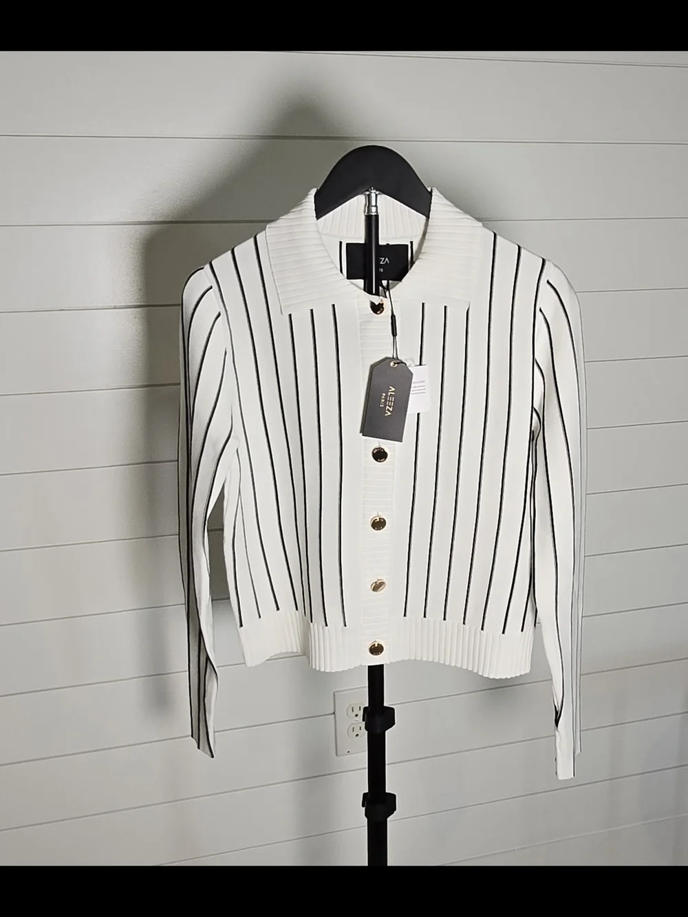 NWT Aleeza Paris White w Black Stripes Knit Cardigan S - Picture 1 of 6